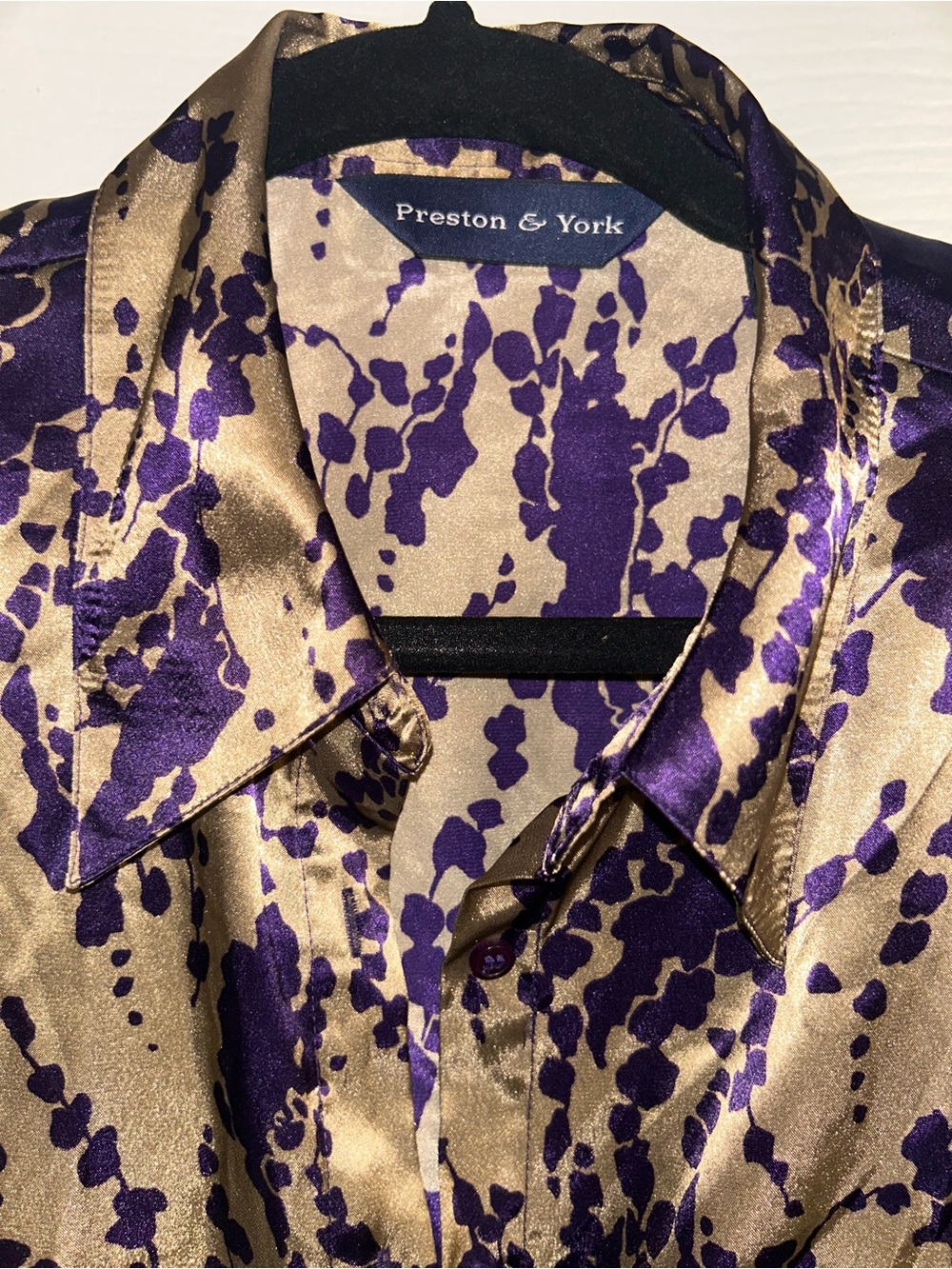 Preston & York Purple Floral Print Satin Blouse with Gold Background